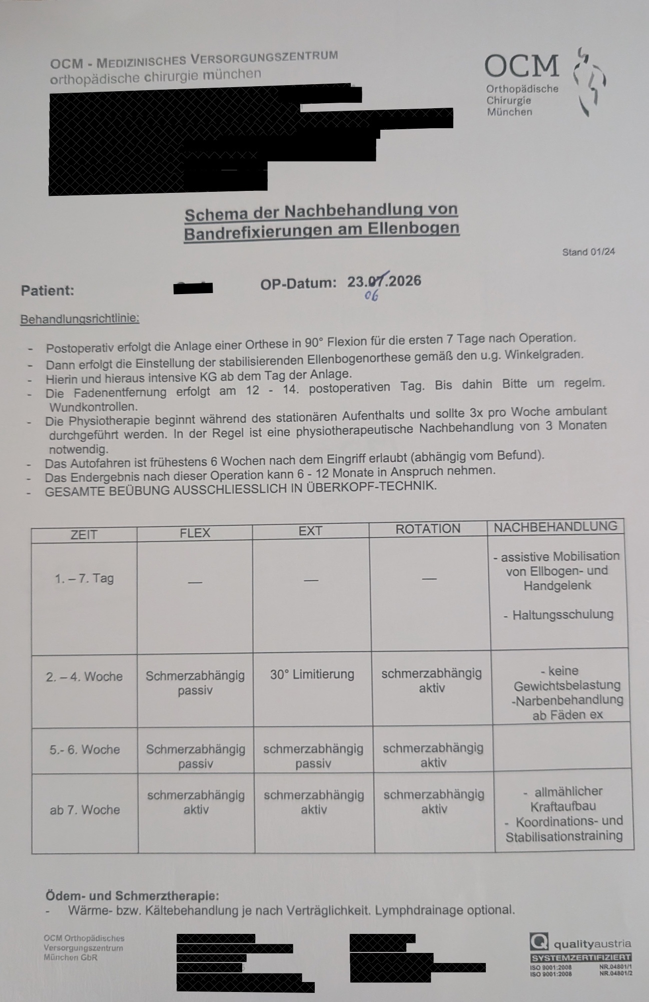 Mein orthopädischer Nachbehandlungsplan mit den Bewegungsvorgaben